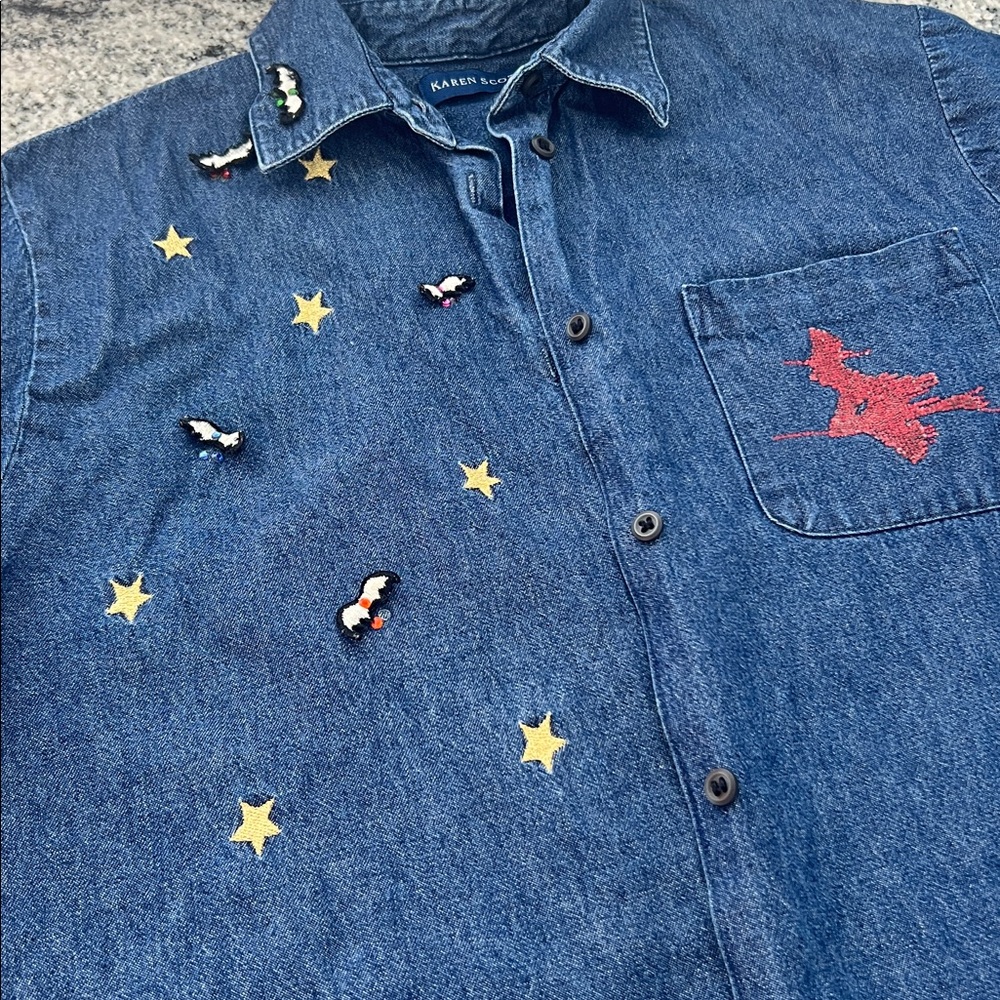 Vintage Karen Scott Blue Denim Halloween Shirt with Bat and Witch Embroidery